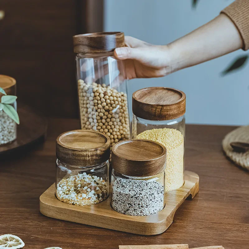 Food Storage Jars With Lids - Wood Lid Orgnizer Glass Airtight Canister