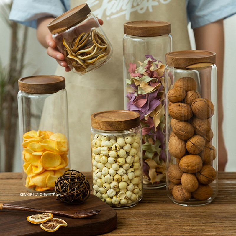 Wood Lid Glass Airtight Canist - đánh giá và giá Food Storage Jars With Lids